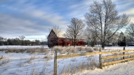 red barn on a farm in winter - winter, red, barn, field, fence