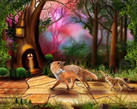 fantasy - forest, fantasy, abstract, fox