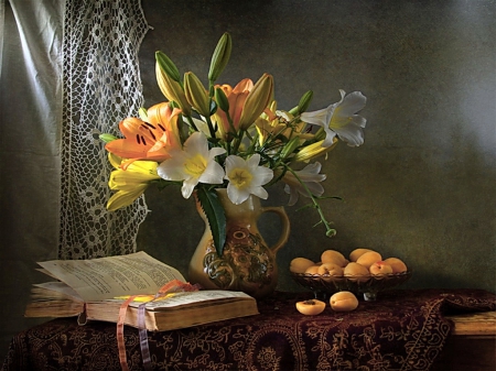 Still life - vase, apricots, lilies, yellow, book, still life, orange, flowers, nature, vintage