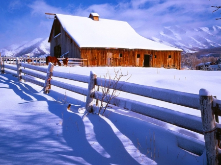 Snowy mountain - farm, sky, fence, mountain, winter, lovely, nature, horses, frost, snow, beautiful, cabin, barn