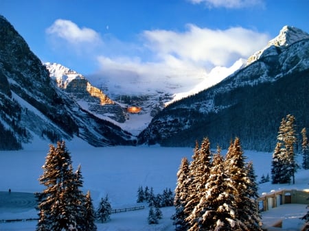 Lake Louise in winter - landscape, snow, mountain, view, Louise, cliffs, lake, sky, clouds, trees, winter, beautiful, lovely, froat, peaks, ice, frozen, nature, cold, rocks