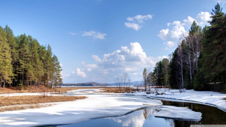 Snow melting - clouds, trees, winter, water, snow, landscape, scene, HD, spring, forest, reflection, nature, melting, sky, wallpaper