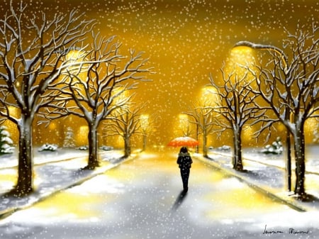 Snowfall - lonely, snowflakes, romantic, evening, snow, night, walk, alleys, frost, art, trees, winter, beautiful, girl, lantern, lady, lights, woman, painting, snowfall