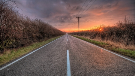 beautiful highway at sunset hdr - clouds, highway, straight, bushes, sunset, hdr