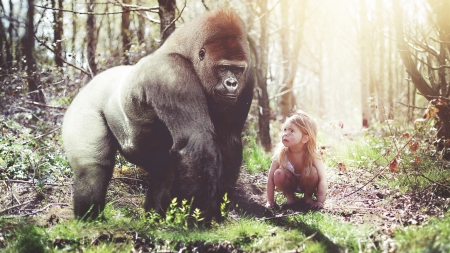 gorilla and child - photo collage, animal, movie, child, gorilla, pimates, wallpaper