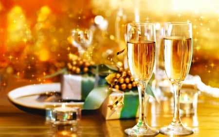 :) - 2014, new year, glasses, champagne, light, gold, party, gifts, happy