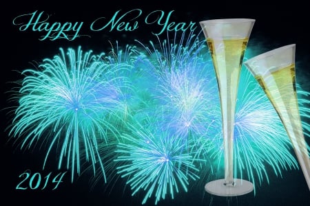 Happy New Year Day - drinks, glasses, holiday, New Years, colors, 2014, quote, fireworks