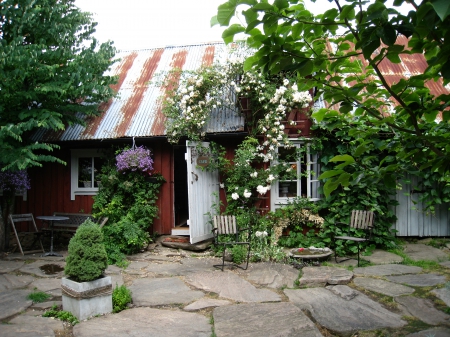 Summertime - sky, trees, window, door, summer, stones, house