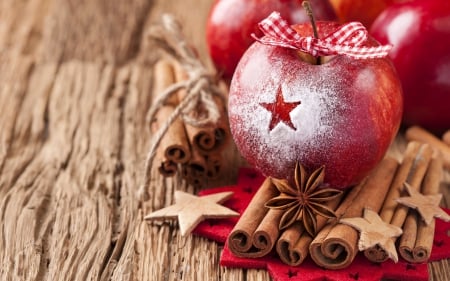 Xmas - anise, craciun, xmas, magic christmas, apples, fruit, christmas, wood, white, holidays, star, cinnamon, bow, merry christmas, red, apple