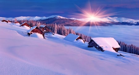 Winter Sun - snowy, cabins, wallpaper, popular, winter, winter sun, landscape, rays, sun, winter time, houses, landscapes, nature, sunrise, snow