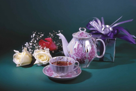 Time for Tea - teapot, tableware, flowers, porcelain, cup