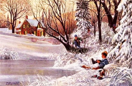 Winter Fun - ice, cottage, trees, children, river, artwork, playing