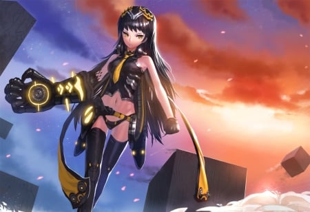 Fighter - nice, gun, beauty, sky, female, music, singer, sunset, anime girl, black hair, pretty, cool, clouds, anime, cute, yellow eyes, sexy, long hair, headphones, beautiful, weapon, sweet, awesome, glove