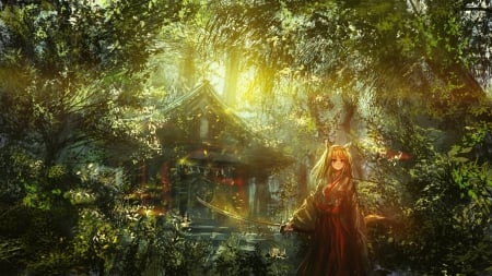 Shrine - fox, shrine, forest, maiden