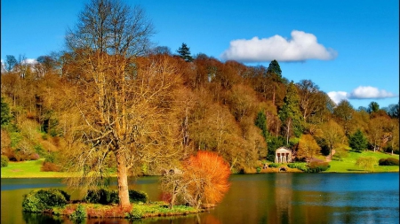 small cottage on far shore scenic