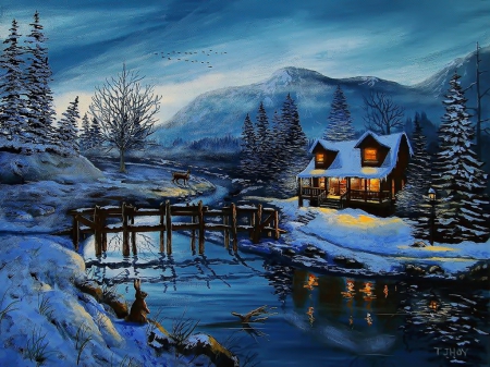 Winter evening - cottage, nice, sky, trees, peceful, bunny, painting, calm, art, quiet, reflection, evening, river, house, bridge, lake, winter, wooden, deer, lovely, serenity, beautiful, twilight, cabin, lights