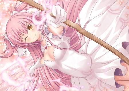 kaname madoka - pretty, anime, anime girl, kawaii, errow, wink, pink, lonf hair, kaname madoka