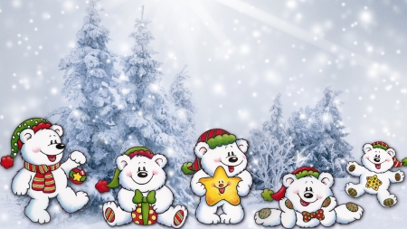 Cheerful Teddys - trees, snowmen, winter, whimsical, snow, family, snowing, teddy bears, cold, decorations, Christmas