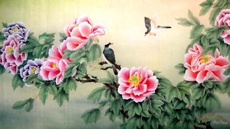 Chinese Florals - birds, summer, spring, Oriental, pink, peonies, flowers, Firefox Persona theme, painting, Asian, floral, Chinese