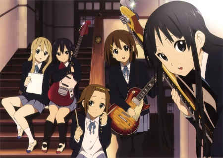 Meeting at the Stairs - azusa nakano, tsumugi, azusa, mugi kotobuki, anime friends, kotobuki, seifuku, black hair, big eyes, mio, hirasawa, tsumugi kotobuki, k-on, anime, mio akiyama, school girls, brunette, akiyama, anime girls, ritsu tainaka, tainaka, mugi, yui, school uniform, nakano, yui hirasawa, friends, ritsu, blonde