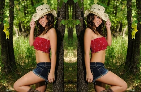 Cowgirl Twins - women, fun, trees, female, beautiful, hats, fashion, models, western, cowgirls, style, outdoors, rodeo, ranch, cutoffs, famous