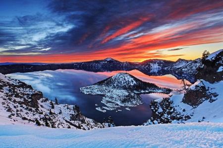 Crater Lake National Park - fun, sunset, nature, lake, forest