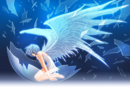 Anime - angel, wings, anime, white dress, short blue hair, shattered glass