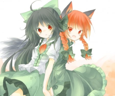 Kaenbyou Rin & Reiuji Utsuho - bows, animal ears, braids, black hair, catgirl, red eyes, touhou, kaenbyou rin, fang, anime, friends, blush, reiuji utsuho