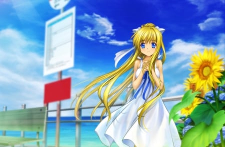 Hi, I'm Kamio Misuzu!!! - kamio misuzu, sunflowers, sky, air, blue eyes, long hair, summer, anime, dress, blonde