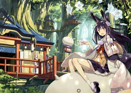 This Is My Home - skirt, animal ears, animals, long hair, bell, buildings, black hair, forest, foxgirl, anime, blush, food, flowers, japanese clothes