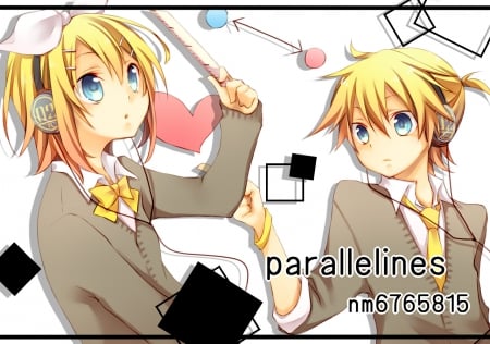 Parallelines - anime, vocaloid, len kagamine, blonde, headphones, twins, rin kagamine, friends, blue eyes