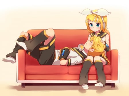 How Was Your Day Len? - blue eyes, couch, rin kagamine, twins, bow, vocaloid, anime, friends, len kagamine, blonde