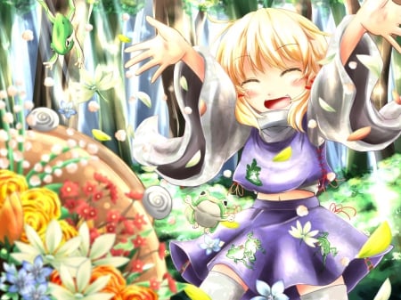 Let's Party!!! - frogs, colorful, happiness, anime, touhou, Flowers, moriya suwako, party