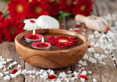 Beautiful... - pretty, for you, spa, beautiful, candle, beauty, with love, red flowers, flowers, gerberas, nature, red, candles, gerbera