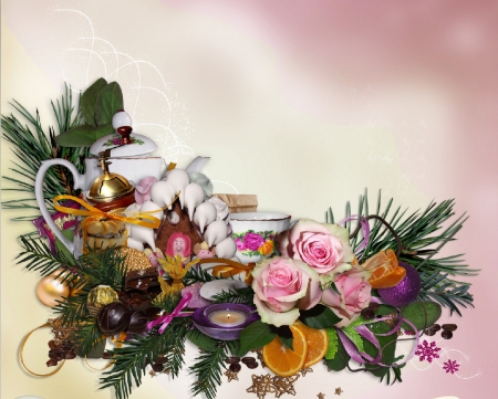 Christmas Tea Party - abstract, still life, tea party, christmas