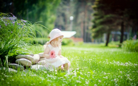 Beautiful morning - child, girl, grass, flower