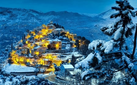 Mediterranean Winter - village, trees, nature, snow, mountains