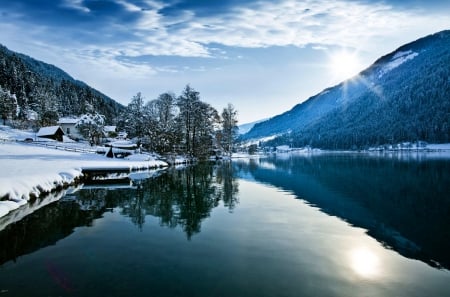 Winter lake - quiet, amazing, landscape, snow, reflection, mountain, shore, lake, houses, sky, covered, trees, winter, water, beautiful, lovely, village, nature, tranquility, clear, serenity, cottages, peaceful