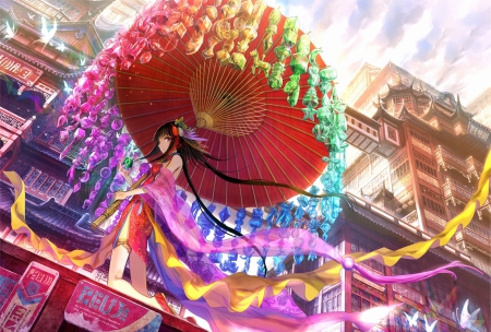 Hime-miko - nice, beauty, princess, sky, female, twintail, colorful, anime girl, swet, black hair, red eyes, pretty, cool, clouds, umbrella, beautfil, anime, cute, light, long hair, beautiful, city, awesome, smile, dress