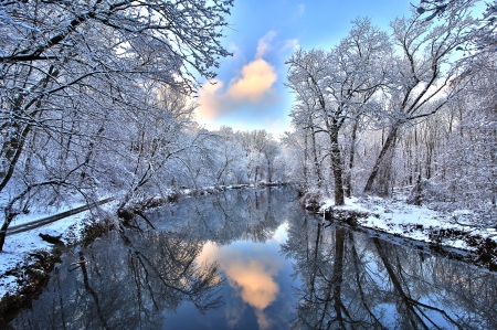 Winter - clouds, trees, winter, landascape, snowy, snow, river, winter time, nature, sky