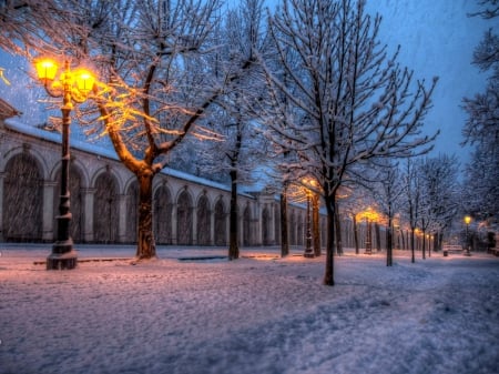 Winter Evening - clouds, winter, alley, lanterns, snowy, splendor, snow, path, winter time, nature, Italy, snowfall, sky