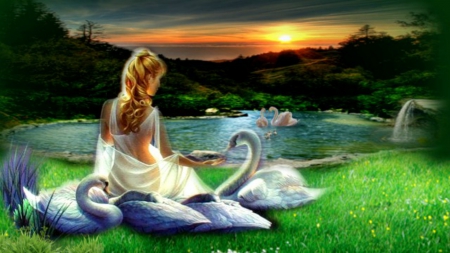 ~*~ Fantasy ~*~ - love, swans, lake, sunset, fantasy