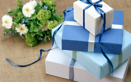 Gifts for you - ribbon, flowers, gifts, blue