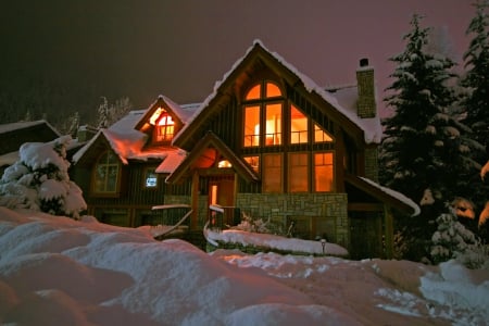 WInter houses at night - trees, winter, beautiful, snow, cozy, night, lovely, light, mountain, village, cottages, houses, peaceful