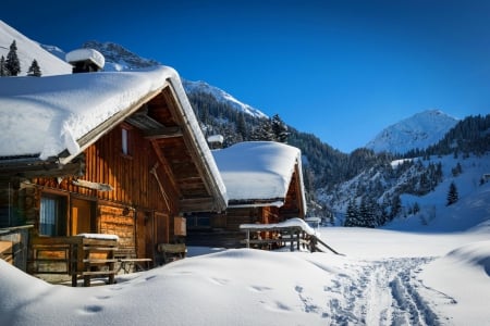 Ski chalets - calm, quiet, ski, hills, cabin, snow, mountain, nice, houses, sky, winter, beautiful, chalets, slope, lovely, wooden, serenity, cottages, day, peaceful