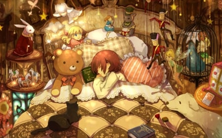 anime - toys, teddy bear, anime, sleeping