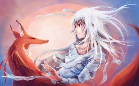 anime girl with fox - anime, fox, girl, red