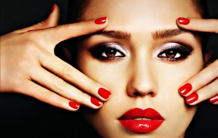 Jessica Alba - face, red, make-up, black, beauty, actress, girl, hand, jessica alba, woman