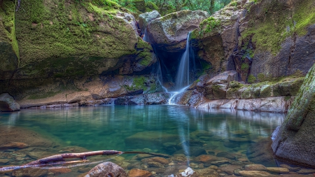 devils punch bowl falls in angwin california hdr - waterfalls, hdr, moss, pool, rocks