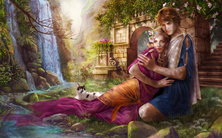 Secret Garden - woman, love, couple, serene, girl, wallpaper, lovely, fantasy, cg, art, beautiful, digital